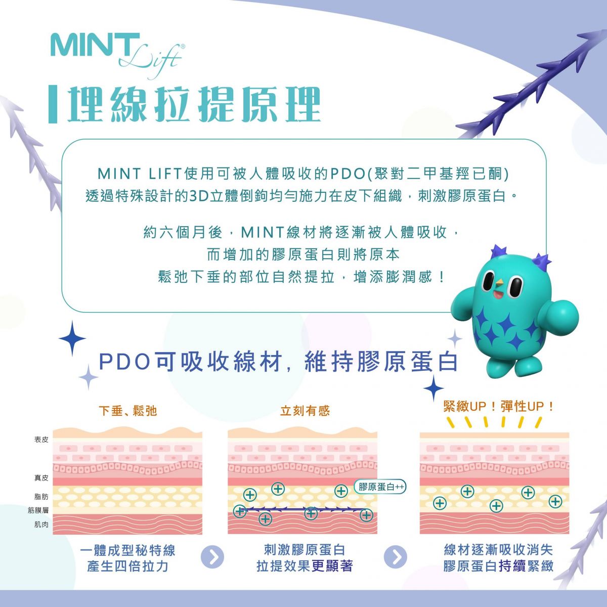 埋線拉提原理,PDO可吸收線材,維持膠原蛋白。高雄埋線拉提、高雄整形外科,達特楊美學診所。